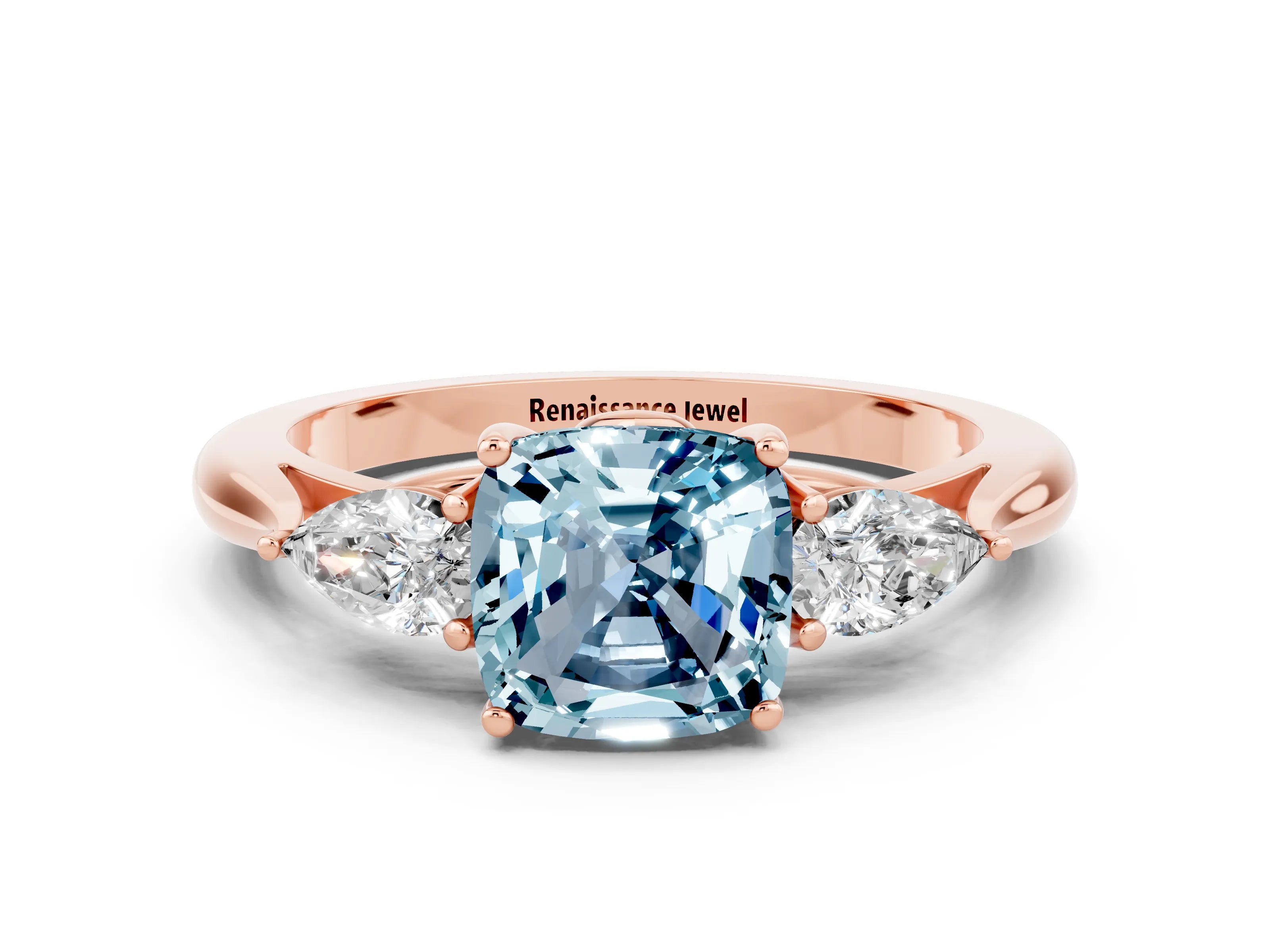 Rose gold Cushion Cut Aquamarine Three-Stone Ring with Pear Side Stones and Four-Prong Setting_12