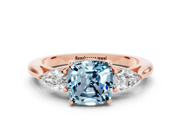 Rose gold Cushion Cut Aquamarine Three-Stone Ring with Pear  Side Stones and Prong Setting