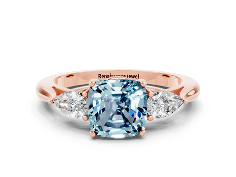 Rose gold Cushion Cut Aquamarine Three-Stone Ring with Pear Side Stones and Four-Prong Setting_12