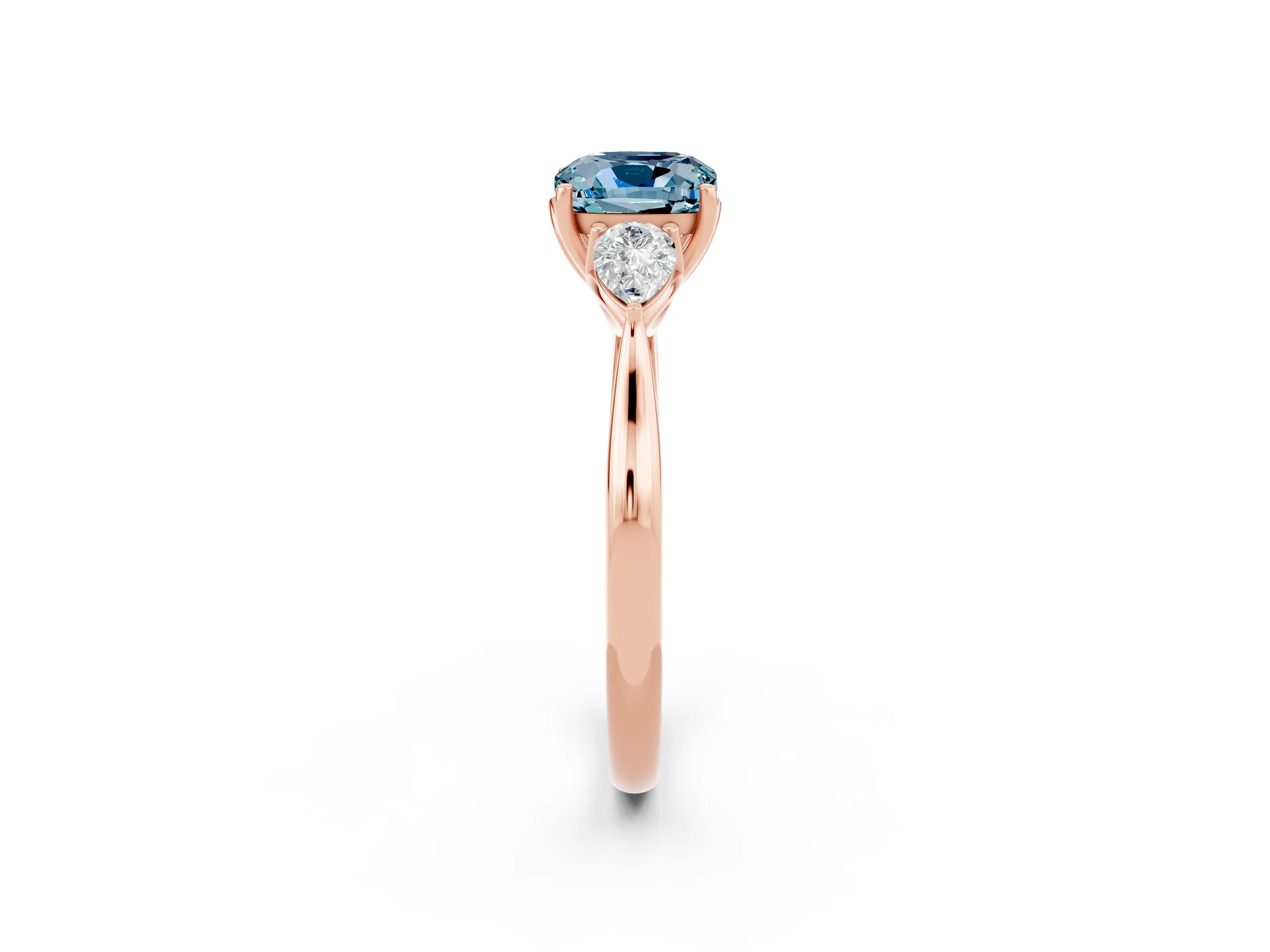 Rose gold Cushion Cut Aquamarine Three-Stone Ring with Pear Side Stones and Four-Prong Setting_14