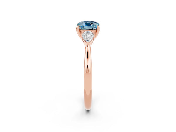 Rose gold Cushion Cut Aquamarine Three-Stone Ring with Pear  Side Stones and Prong Setting