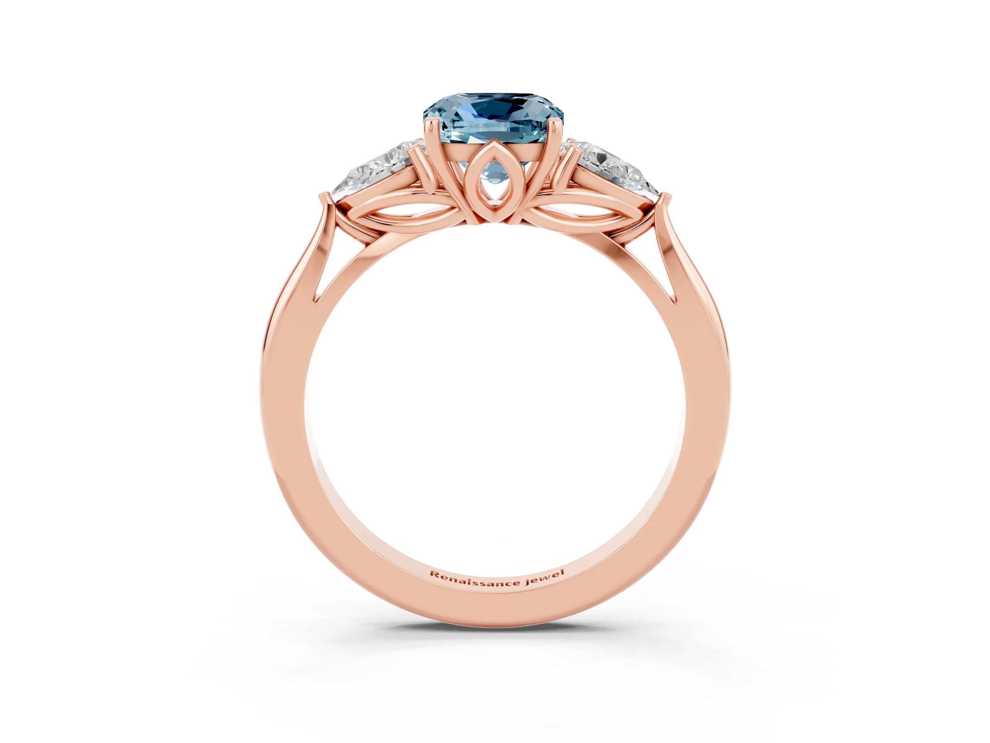 Rose gold Cushion Cut Aquamarine Three-Stone Ring with Pear Side Stones and Four-Prong Setting_15