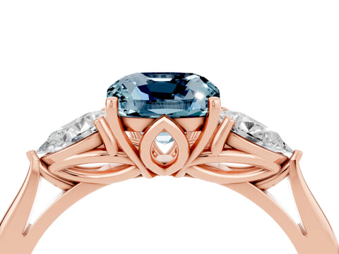Rose gold Cushion Cut Aquamarine Three-Stone Ring with Pear Side Stones and Four-Prong Setting_16
