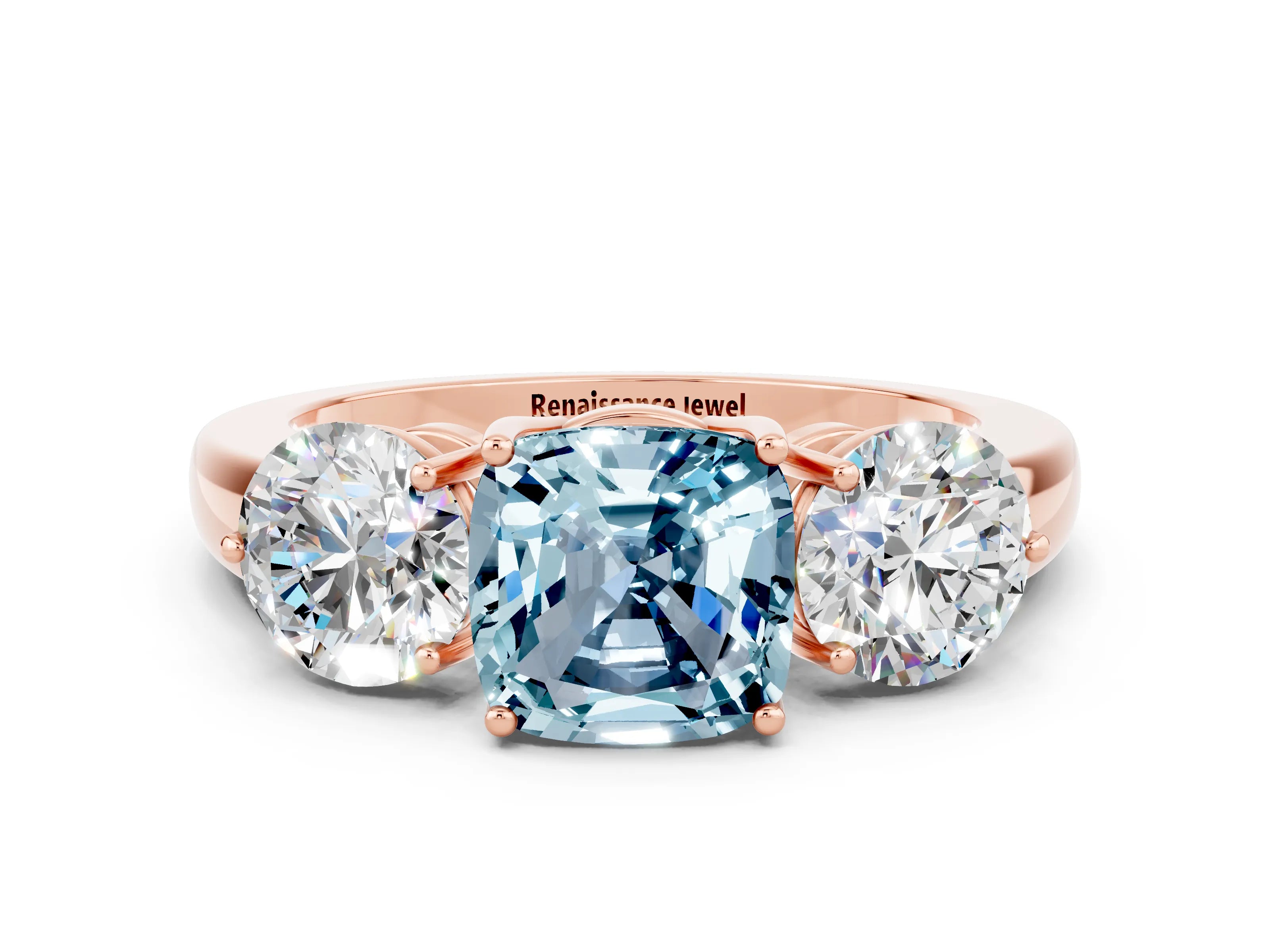 Rose gold Cushion Cut Aquamarine Three-Stone Ring with Prong Setting and Classic Band