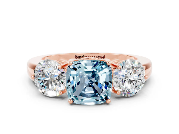 Rose gold Cushion Cut Aquamarine Three-Stone Ring with Prong Setting and Classic Band