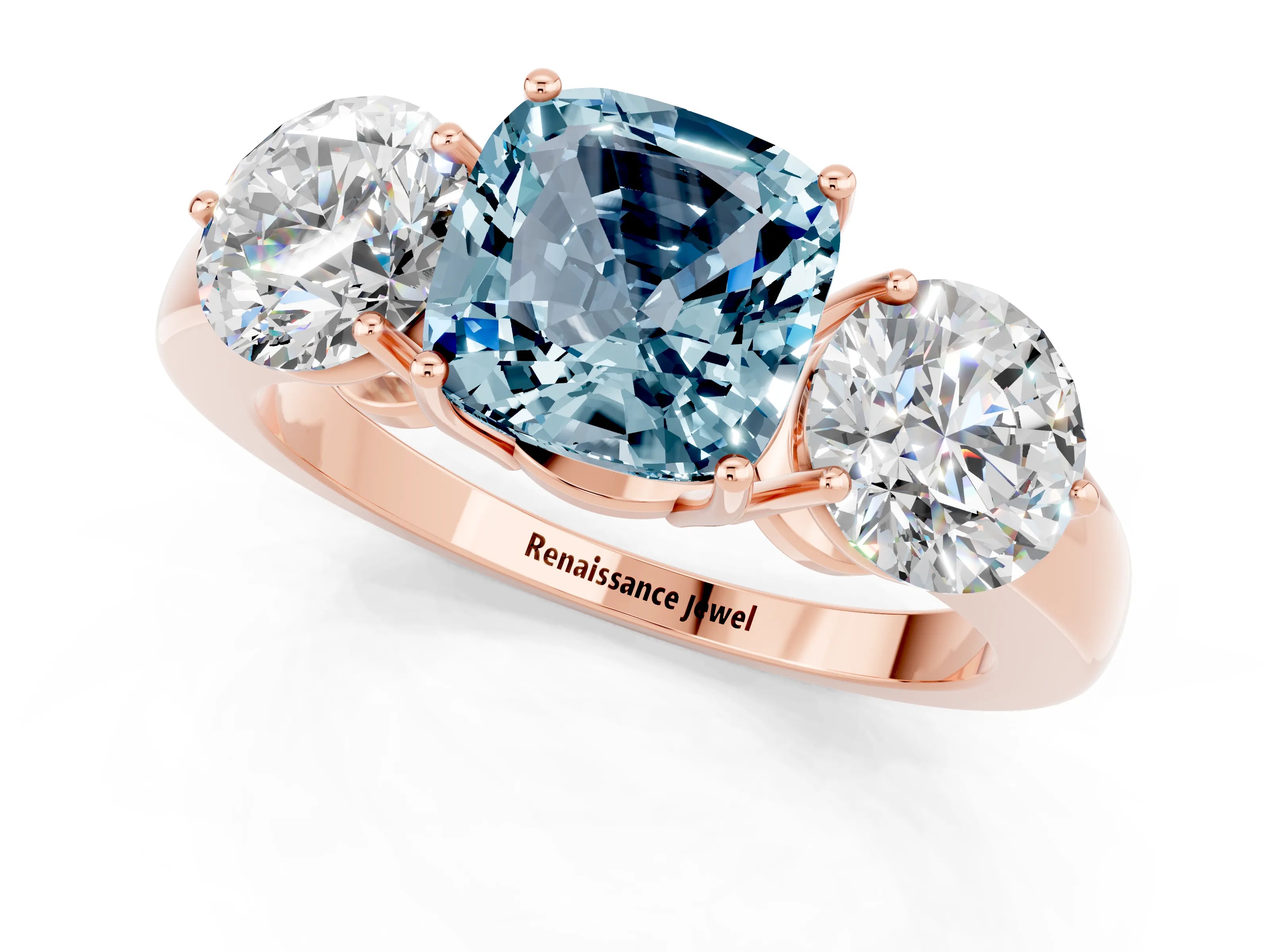 Rose gold Cushion Cut Aquamarine Three-Stone Ring with Prong Setting and Classic Band_1
