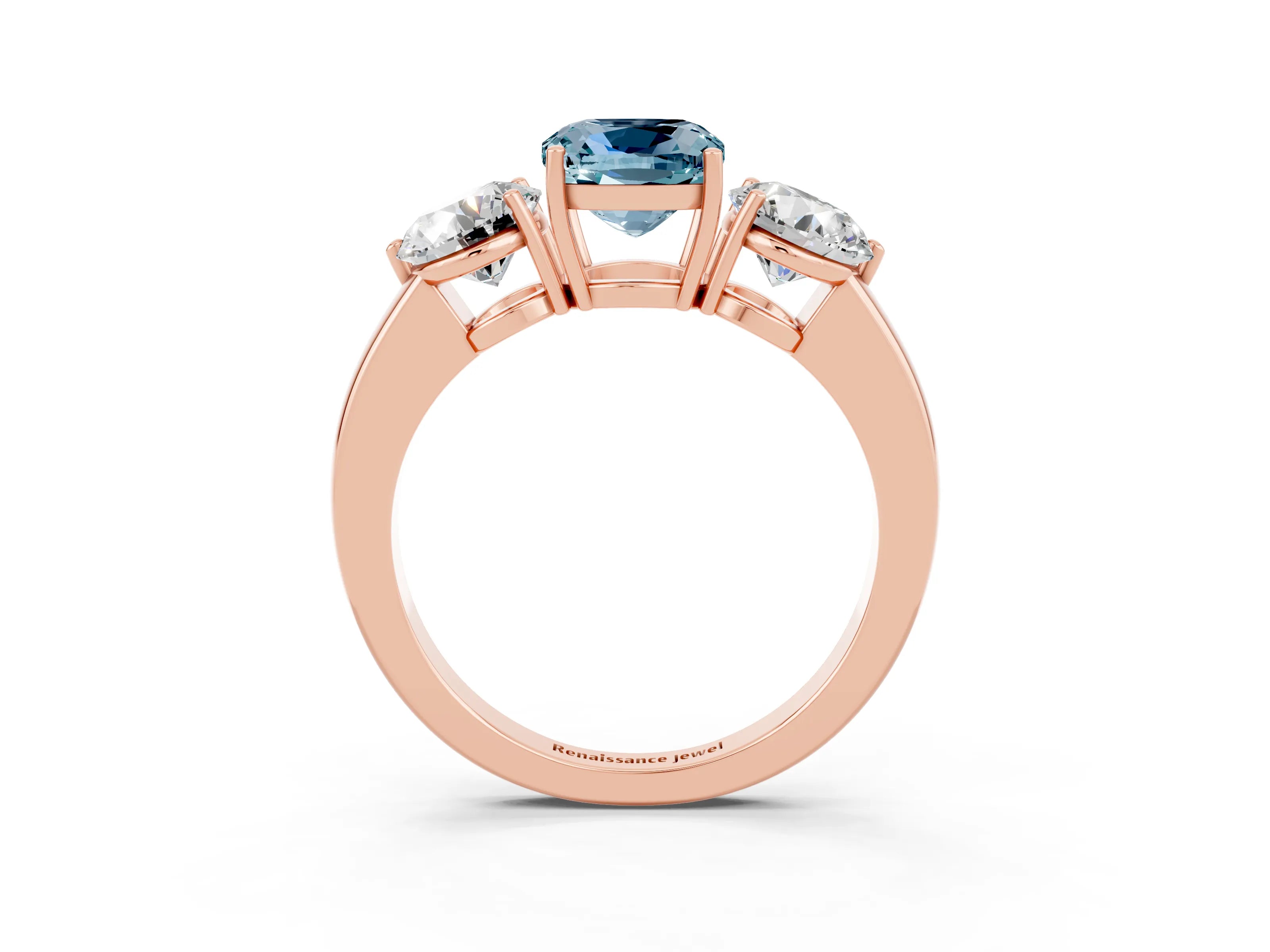 Rose gold Cushion Cut Aquamarine Three-Stone Ring with Prong Setting and Classic Band_3