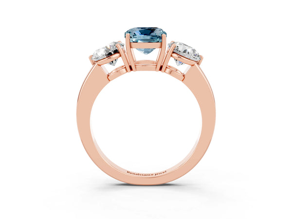 Rose gold Cushion Cut Aquamarine Three-Stone Ring with Prong Setting and Classic Band