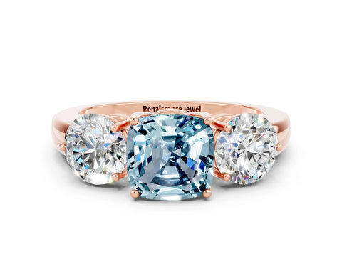Rose gold Cushion Cut Aquamarine Three-Stone Ring with Prong Setting and Classic Band