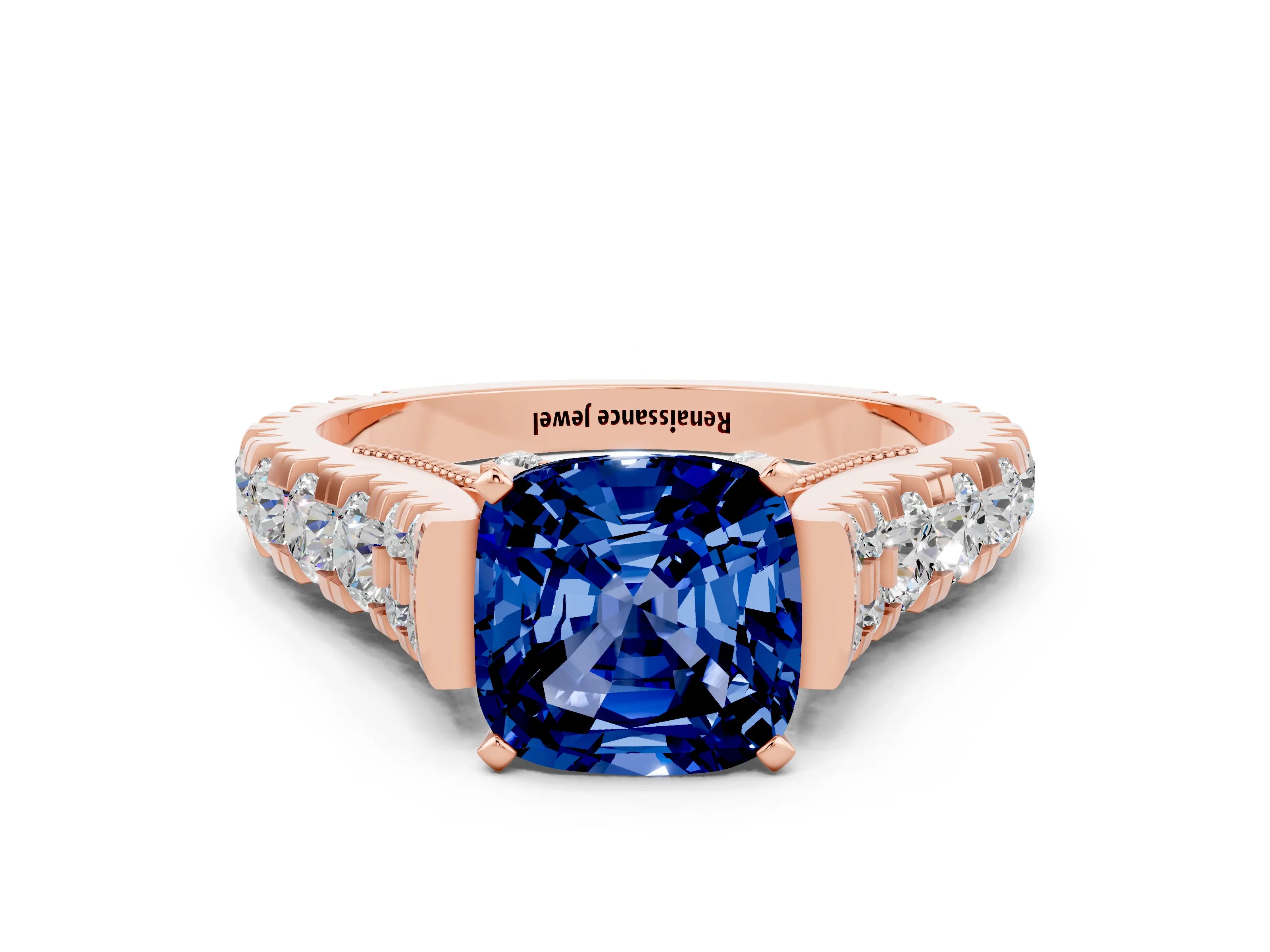 Rose gold Cushion Cut Blue Sapphire Classic Solitaire Ring with Pavé Band and Four-Prong Setting