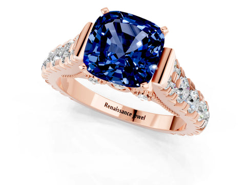 Rose gold Cushion Cut Blue Sapphire Classic Solitaire Ring with Pavé Band and Four-Prong Setting_1
