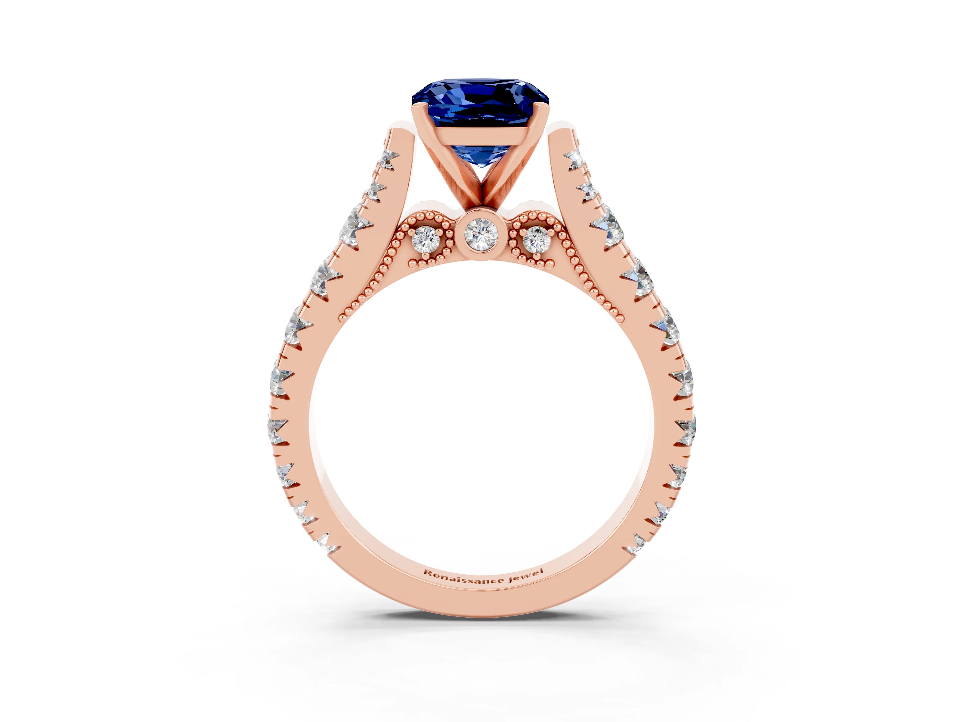 Rose gold Cushion Cut Blue Sapphire Classic Solitaire Ring with Pavé Band and Four-Prong Setting_3