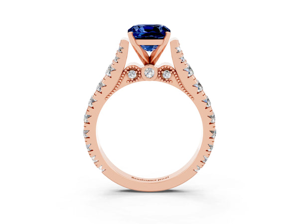 Rose gold Cushion Cut Blue Sapphire Classic Solitaire Ring with Pavé Band and Four-Prong Setting