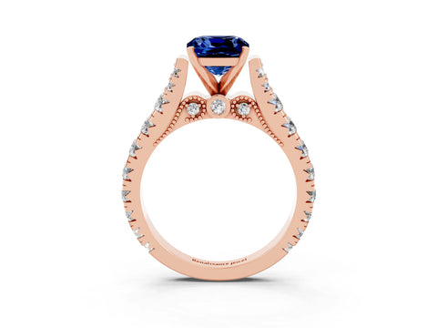 Rose gold Cushion Cut Blue Sapphire Classic Solitaire Ring with Pavé Band and Four-Prong Setting_3