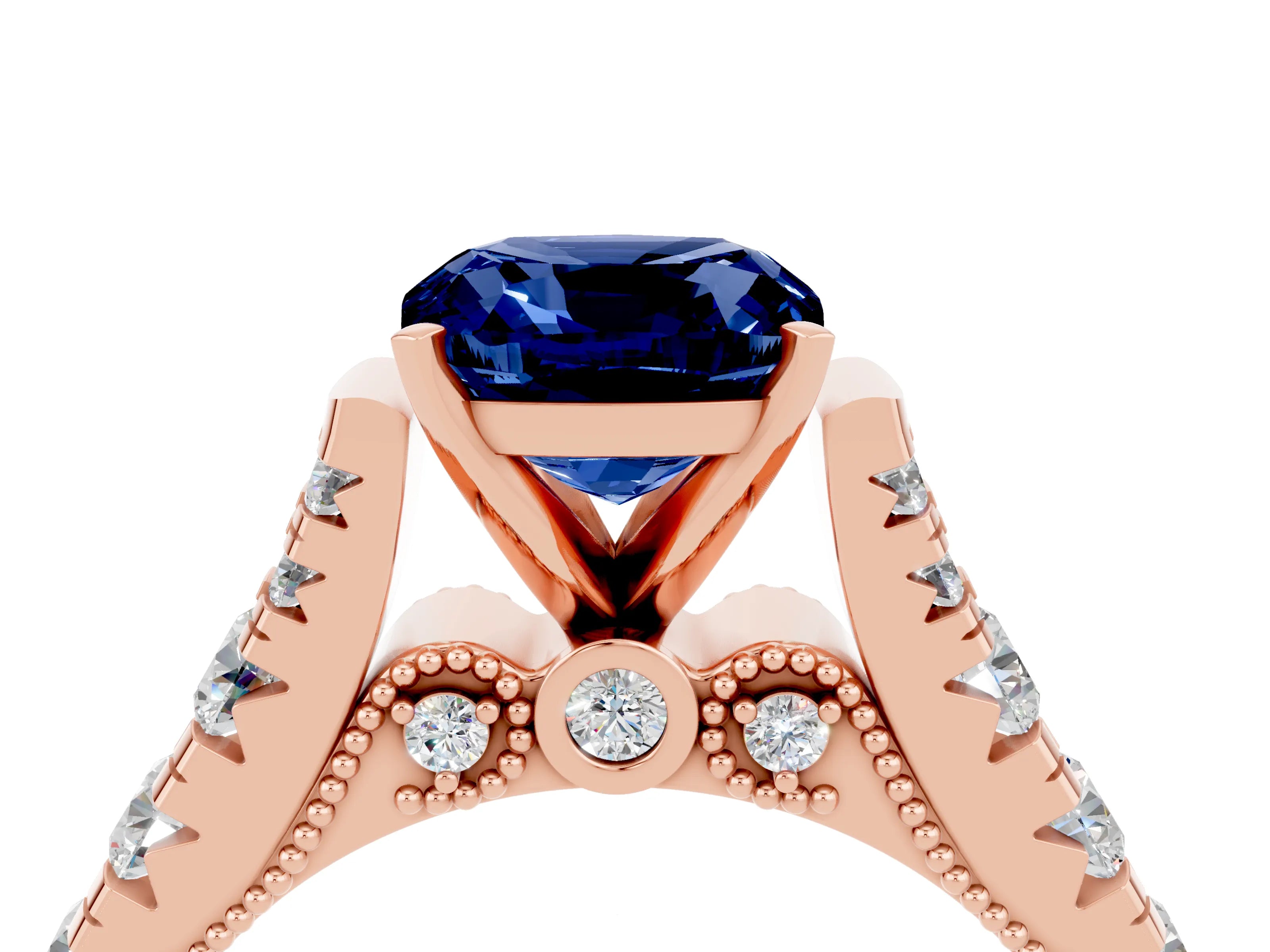 Rose gold Cushion Cut Blue Sapphire Classic Solitaire Ring with Pavé Band and Four-Prong Setting_4