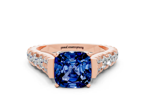 Rose gold Cushion Cut Blue Sapphire Classic Solitaire Ring with Pavé Band and Four-Prong Setting