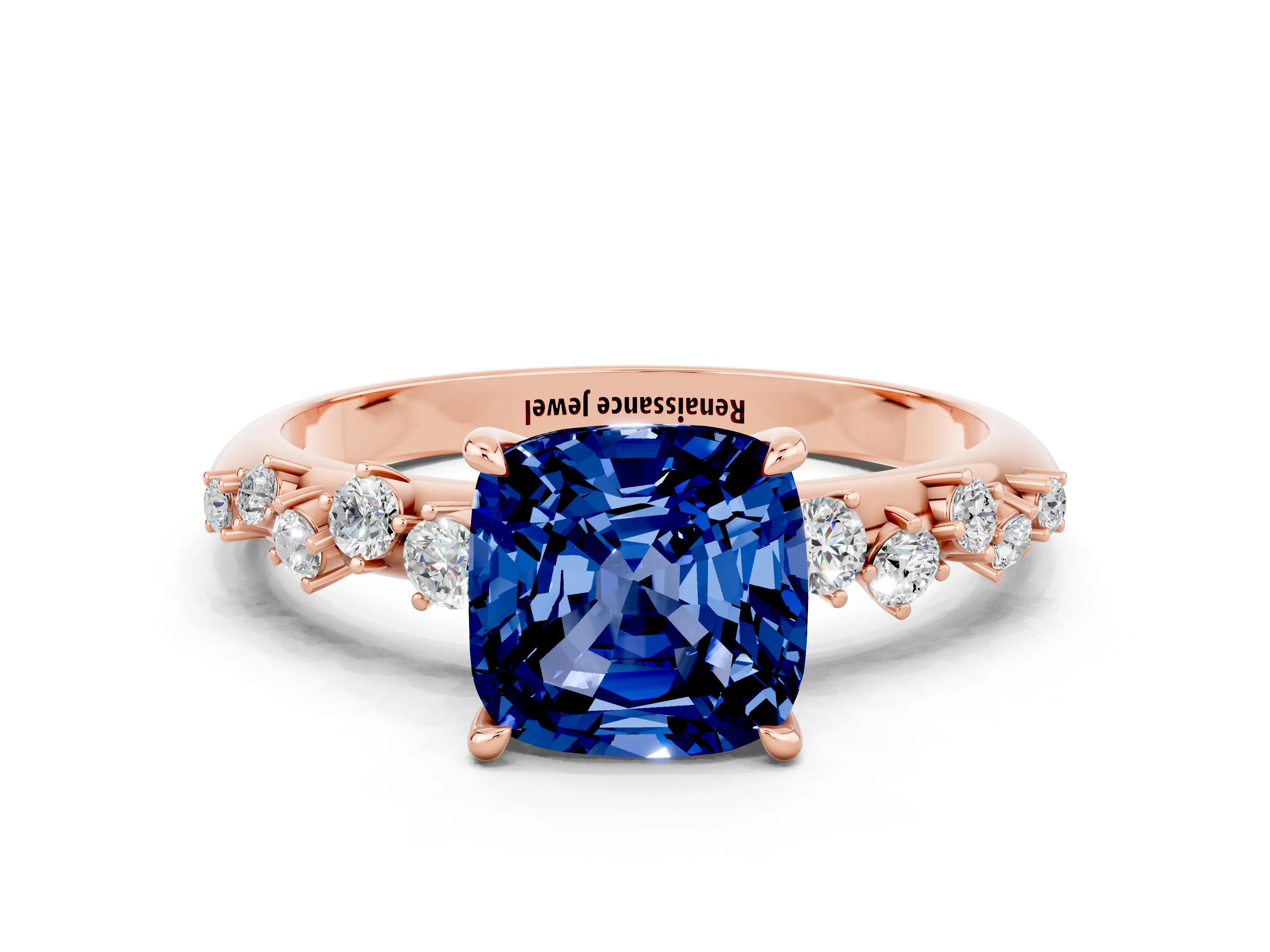 Rose gold Cushion Cut Blue Sapphire Cluster Side Stone Solitaire Ring with Prong Setting_24
