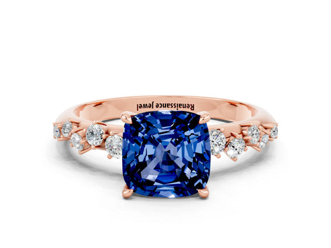 Rose gold Cushion Cut Blue Sapphire Cluster Side Stone Solitaire Ring with Prong Setting_24