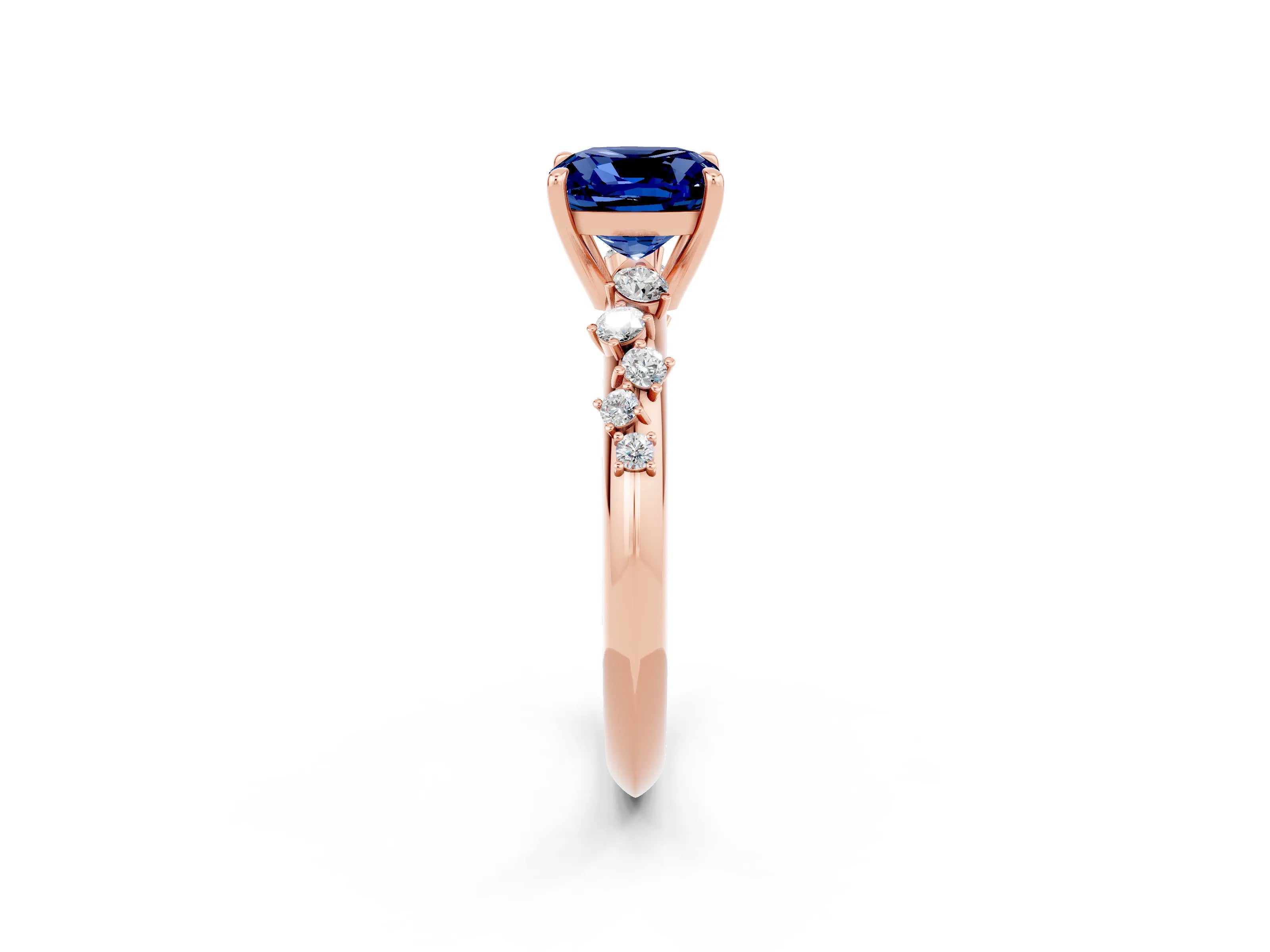 Rose gold Cushion Cut Blue Sapphire Cluster Side Stone Solitaire Ring with Prong Setting_26