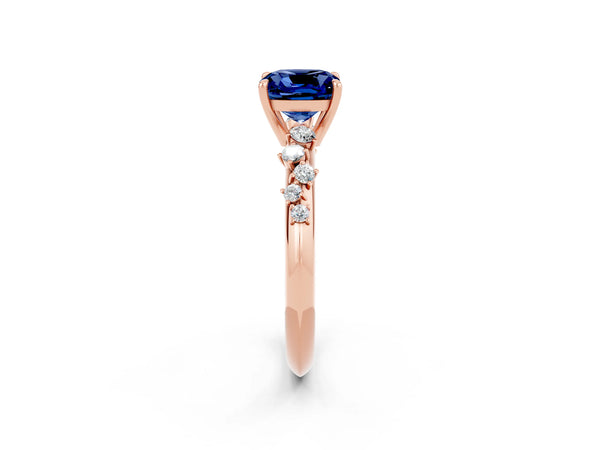 Rose gold Cushion Cut Blue Sapphire Cluster Side Stone Solitaire Ring with Prong Setting