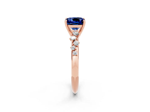 Rose gold Cushion Cut Blue Sapphire Cluster Side Stone Solitaire Ring with Prong Setting_26