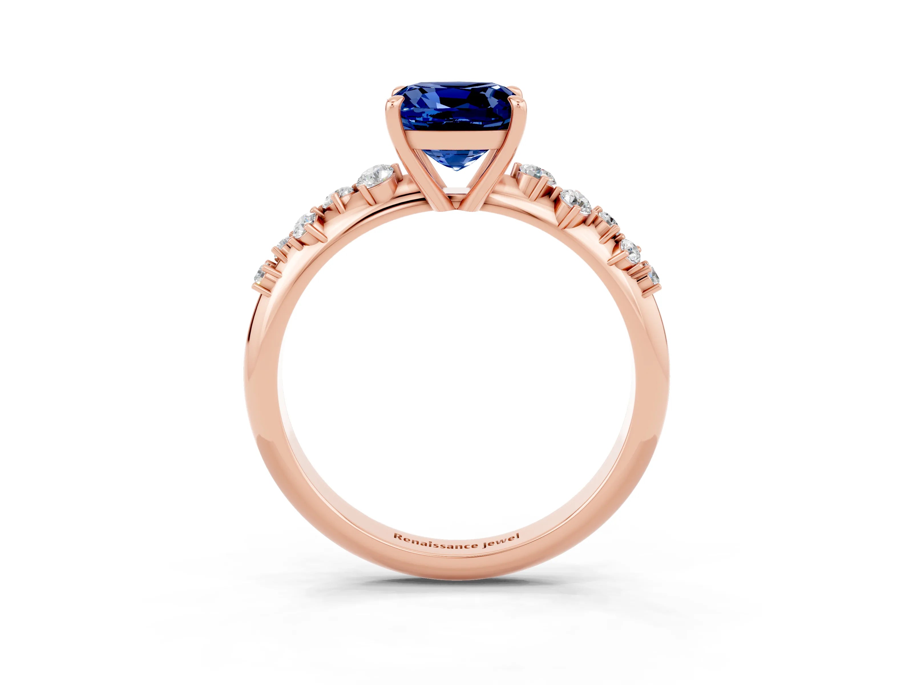 Rose gold Cushion Cut Blue Sapphire Cluster Side Stone Solitaire Ring with Prong Setting_27