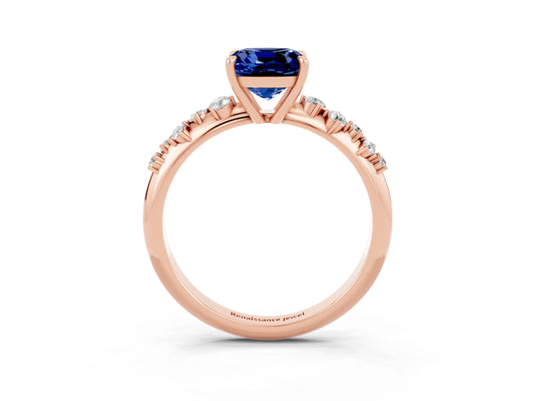 Rose gold Cushion Cut Blue Sapphire Cluster Side Stone Solitaire Ring with Prong Setting