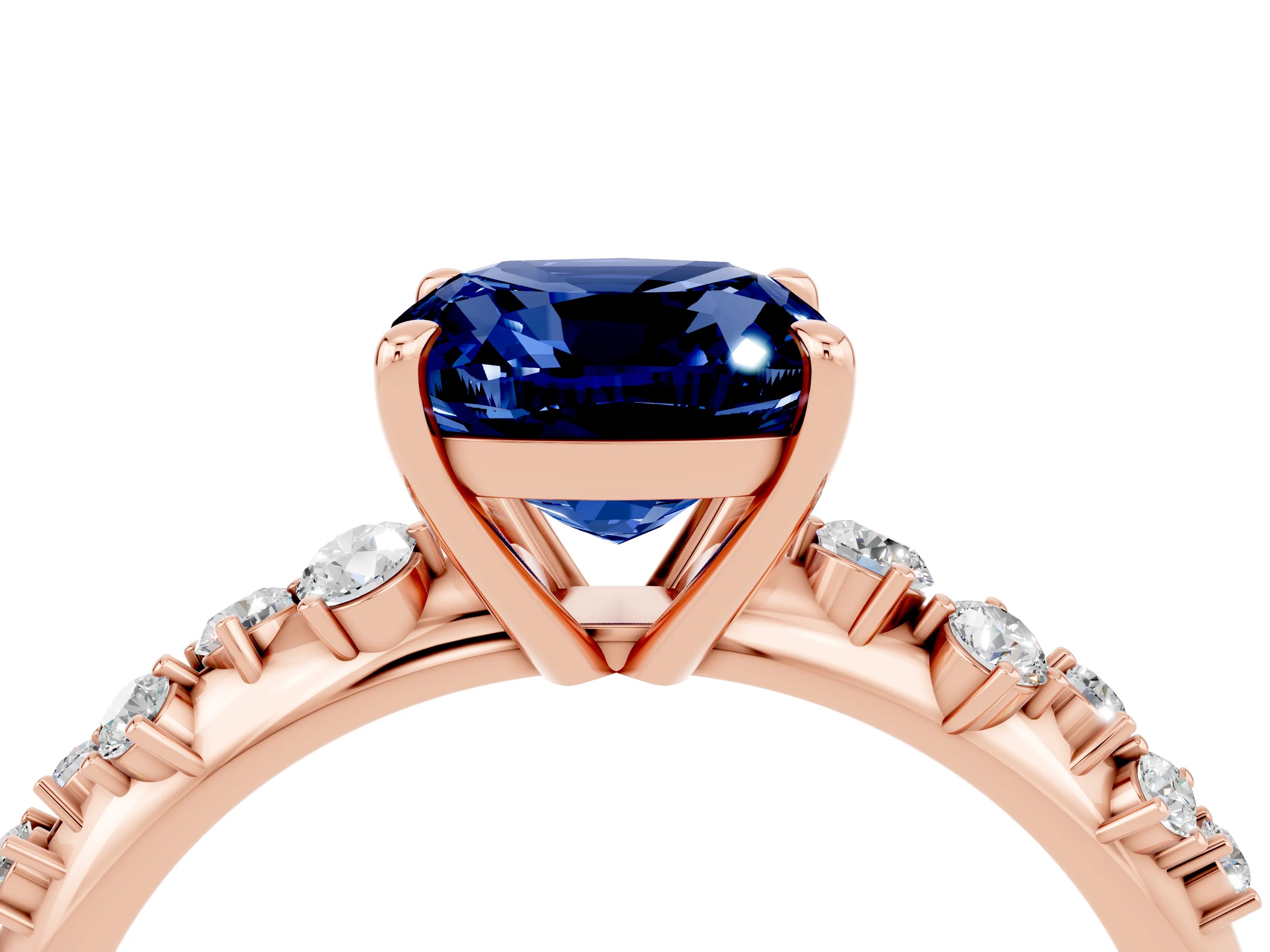 Rose gold Cushion Cut Blue Sapphire Cluster Side Stone Solitaire Ring with Prong Setting_28