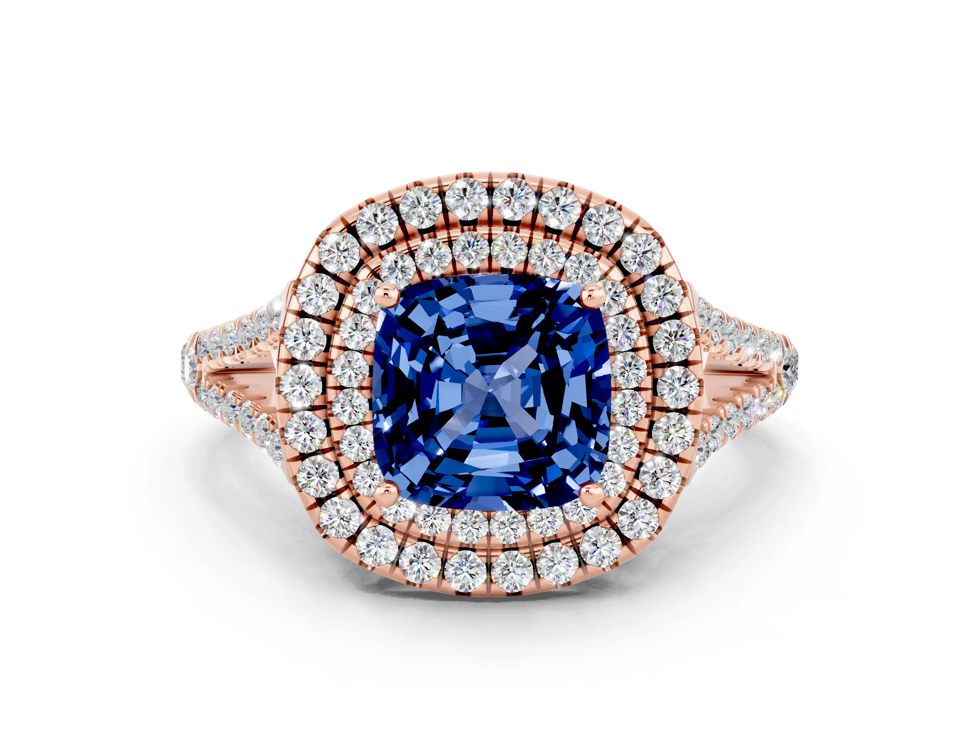 Rose gold Cushion Cut Blue Sapphire Double Halo Ring with Pavé Band and Prong Setting_12