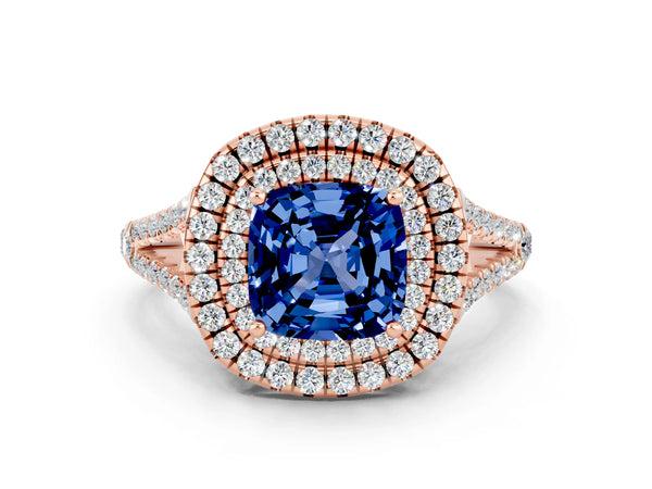 Rose gold Cushion Cut Blue Sapphire Double Halo Ring with Pavé Band and Prong Setting