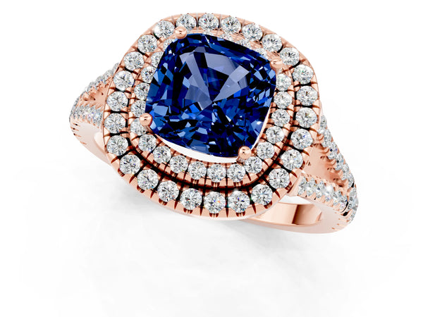 Rose gold Cushion Cut Blue Sapphire Double Halo Ring with Pavé Band and Prong Setting