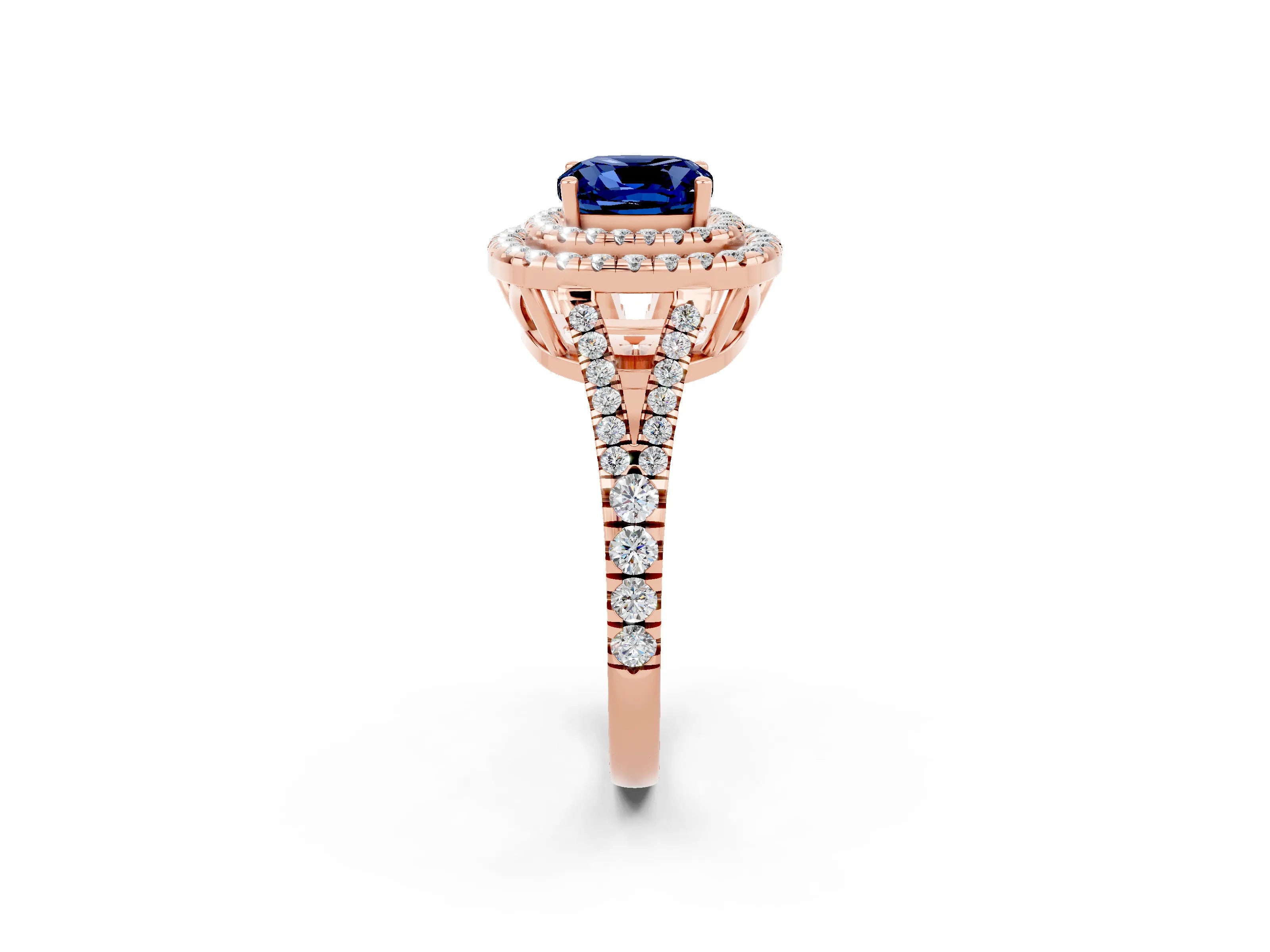 Rose gold Cushion Cut Blue Sapphire Double Halo Ring with Pavé Band and Prong Setting_14