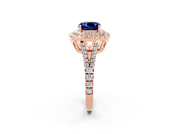 Rose gold Cushion Cut Blue Sapphire Double Halo Ring with Pavé Band and Prong Setting