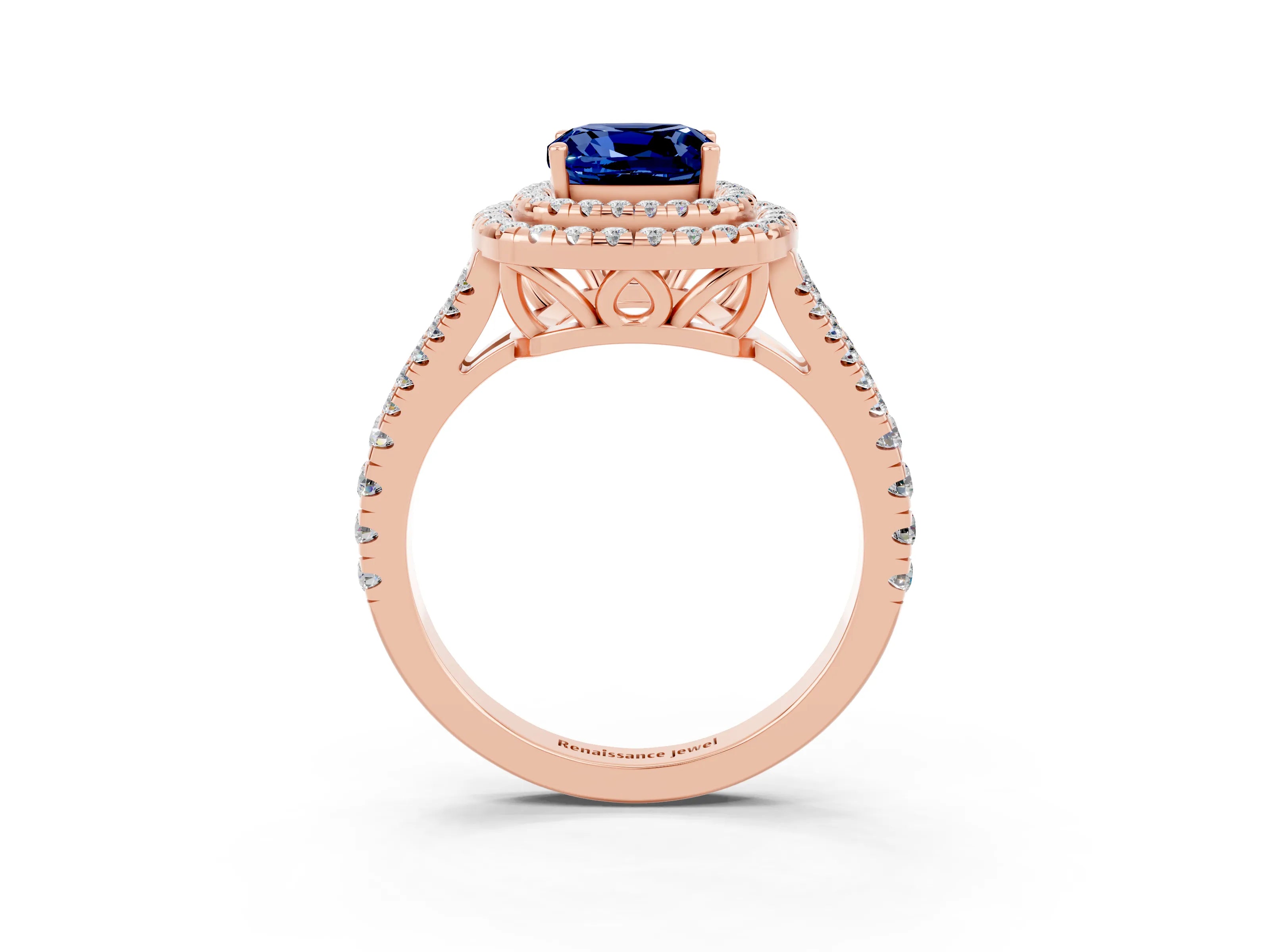 Rose gold Cushion Cut Blue Sapphire Double Halo Ring with Pavé Band and Prong Setting_15