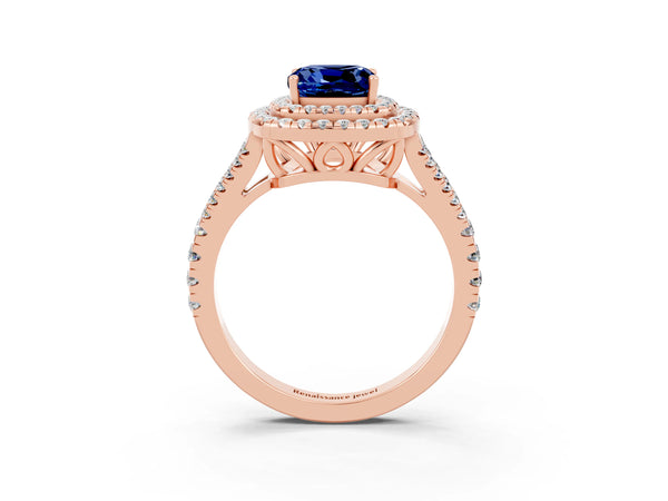 Rose gold Cushion Cut Blue Sapphire Double Halo Ring with Pavé Band and Prong Setting