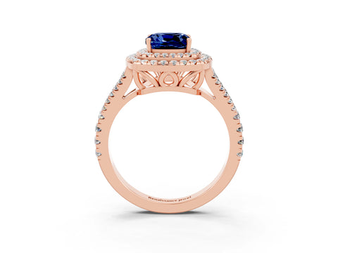 Rose gold Cushion Cut Blue Sapphire Double Halo Ring with Pavé Band and Prong Setting_15
