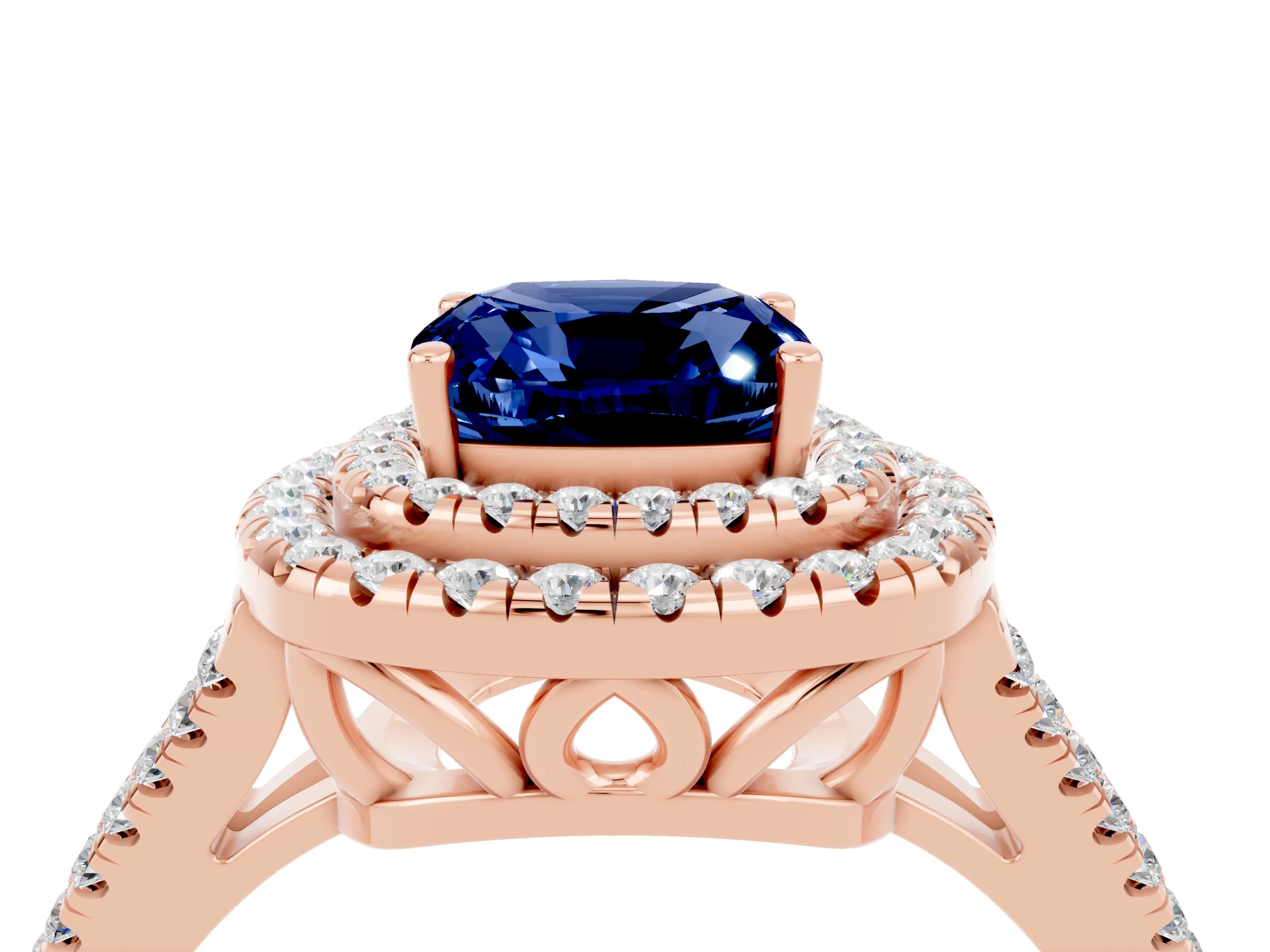 Rose gold Cushion Cut Blue Sapphire Double Halo Ring with Pavé Band and Prong Setting_16