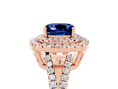 Rose gold Cushion Cut Blue Sapphire Double Halo Ring with Pavé Band and Prong Setting_17