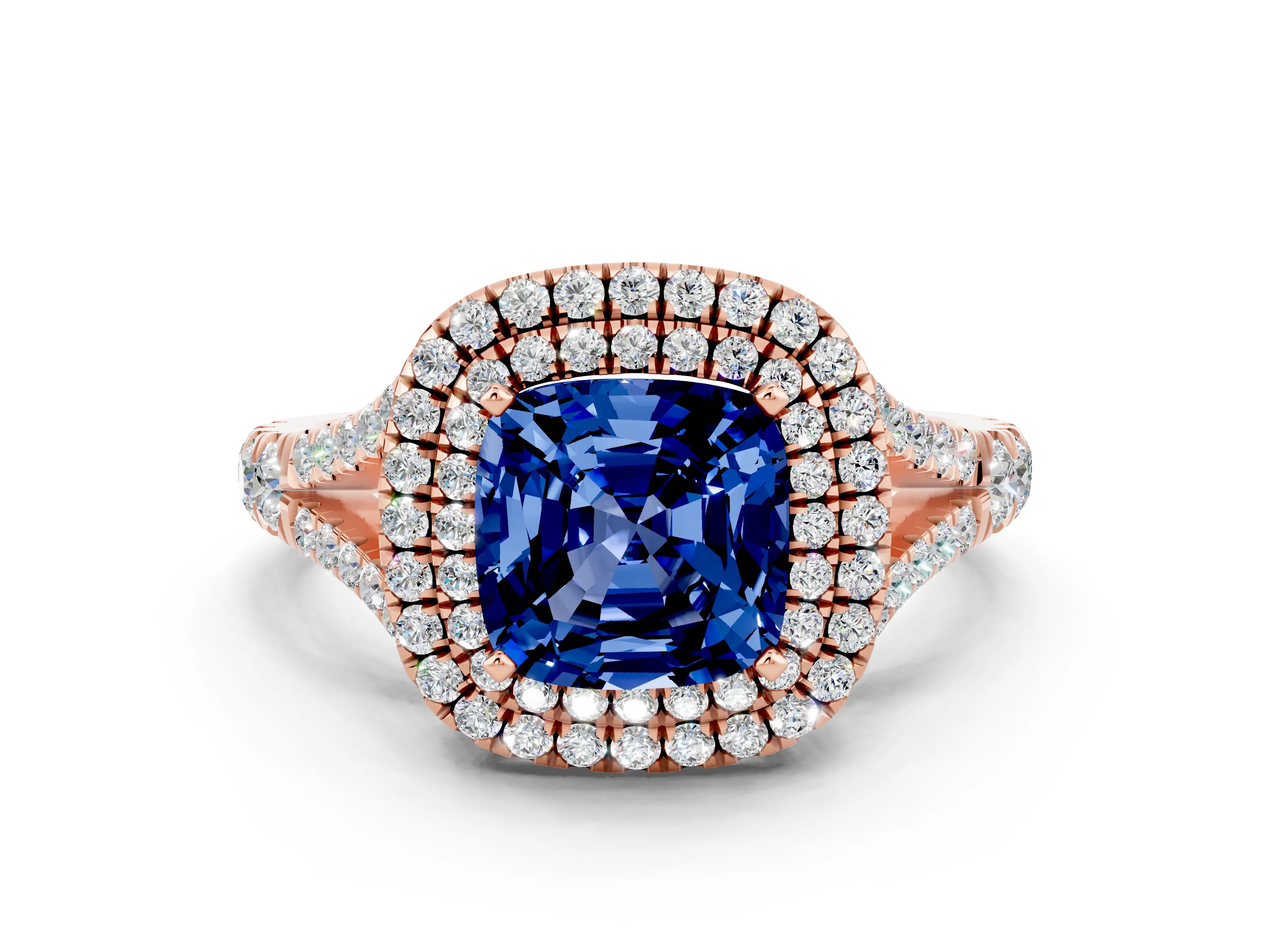 Rose gold Cushion Cut Blue Sapphire Double Halo Ring with Split Shank and Prong Setting_12