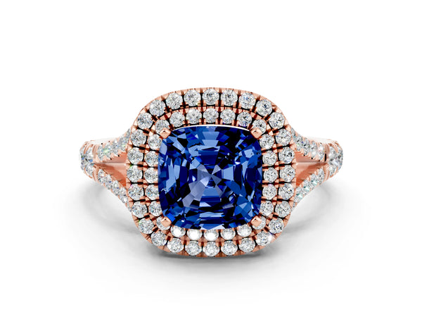 Rose gold Cushion Cut Blue Sapphire Double Halo Ring with Split Shank and Prong Setting