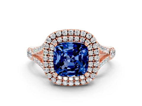 Rose gold Cushion Cut Blue Sapphire Double Halo Ring with Split Shank and Prong Setting_12