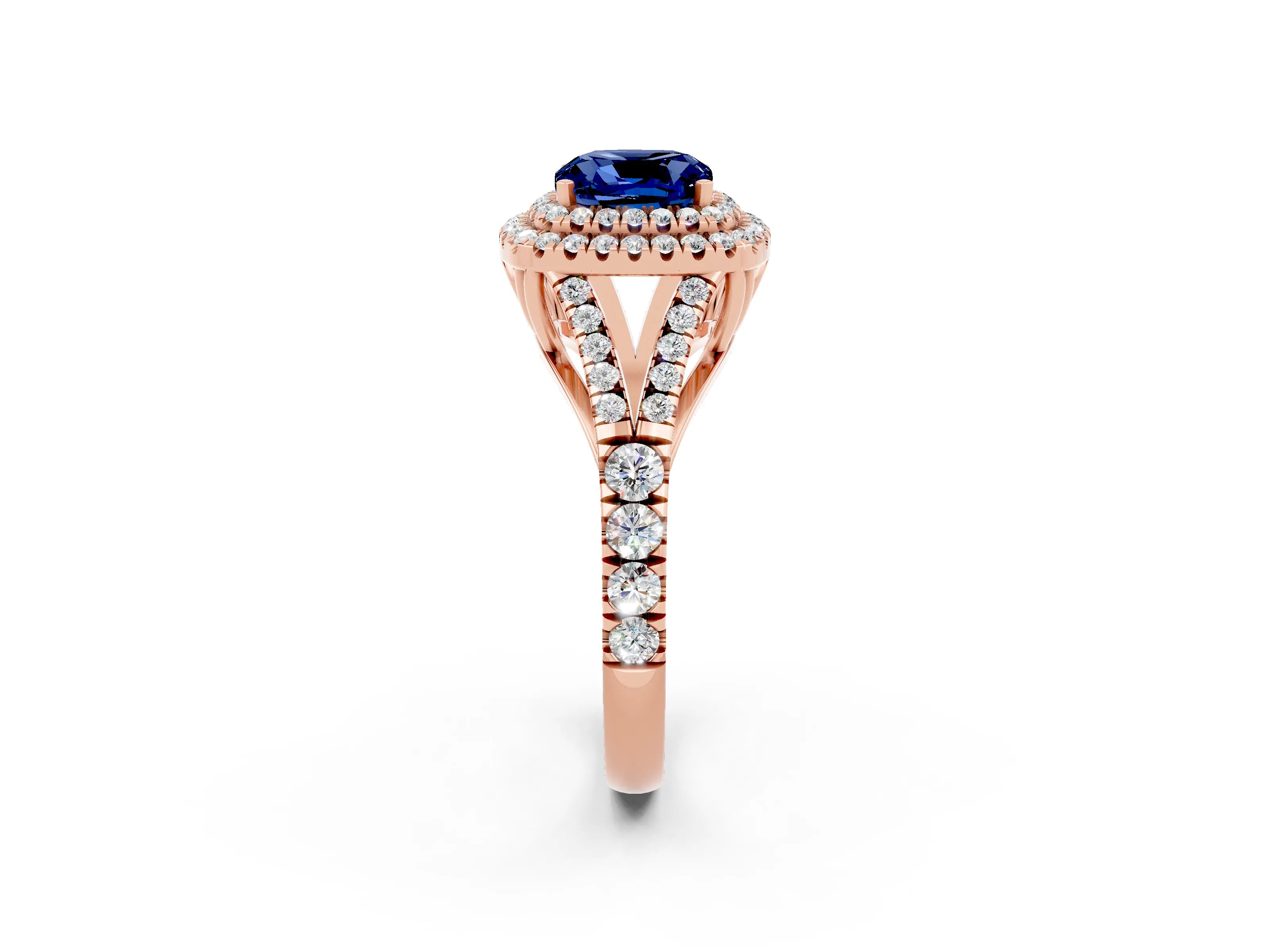 Rose gold Cushion Cut Blue Sapphire Double Halo Ring with Split Shank and Prong Setting_14