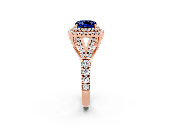 Rose gold Cushion Cut Blue Sapphire Double Halo Ring with Split Shank and Prong Setting