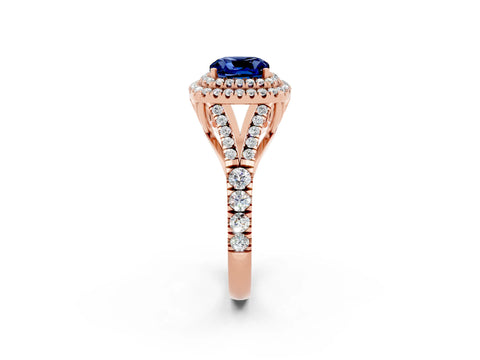 Rose gold Cushion Cut Blue Sapphire Double Halo Ring with Split Shank and Prong Setting_14