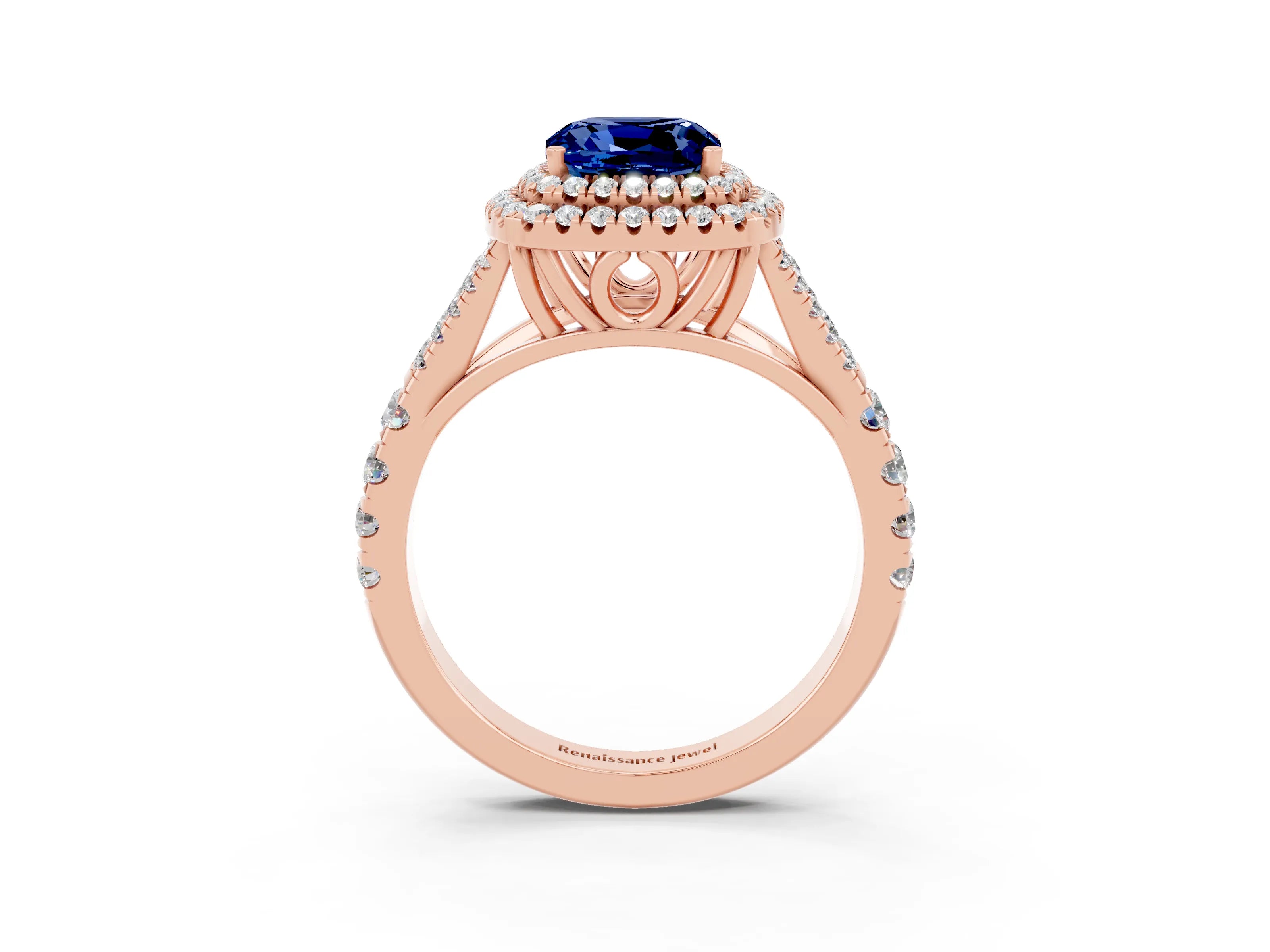 Rose gold Cushion Cut Blue Sapphire Double Halo Ring with Split Shank and Prong Setting_15