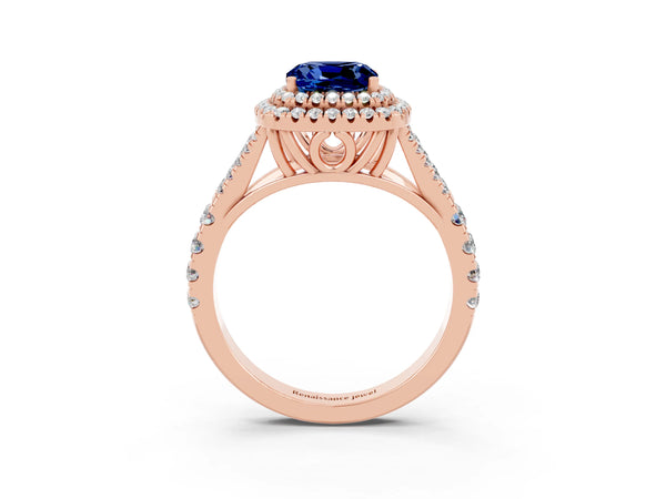 Rose gold Cushion Cut Blue Sapphire Double Halo Ring with Split Shank and Prong Setting