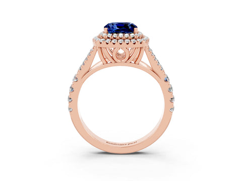 Rose gold Cushion Cut Blue Sapphire Double Halo Ring with Split Shank and Prong Setting_15