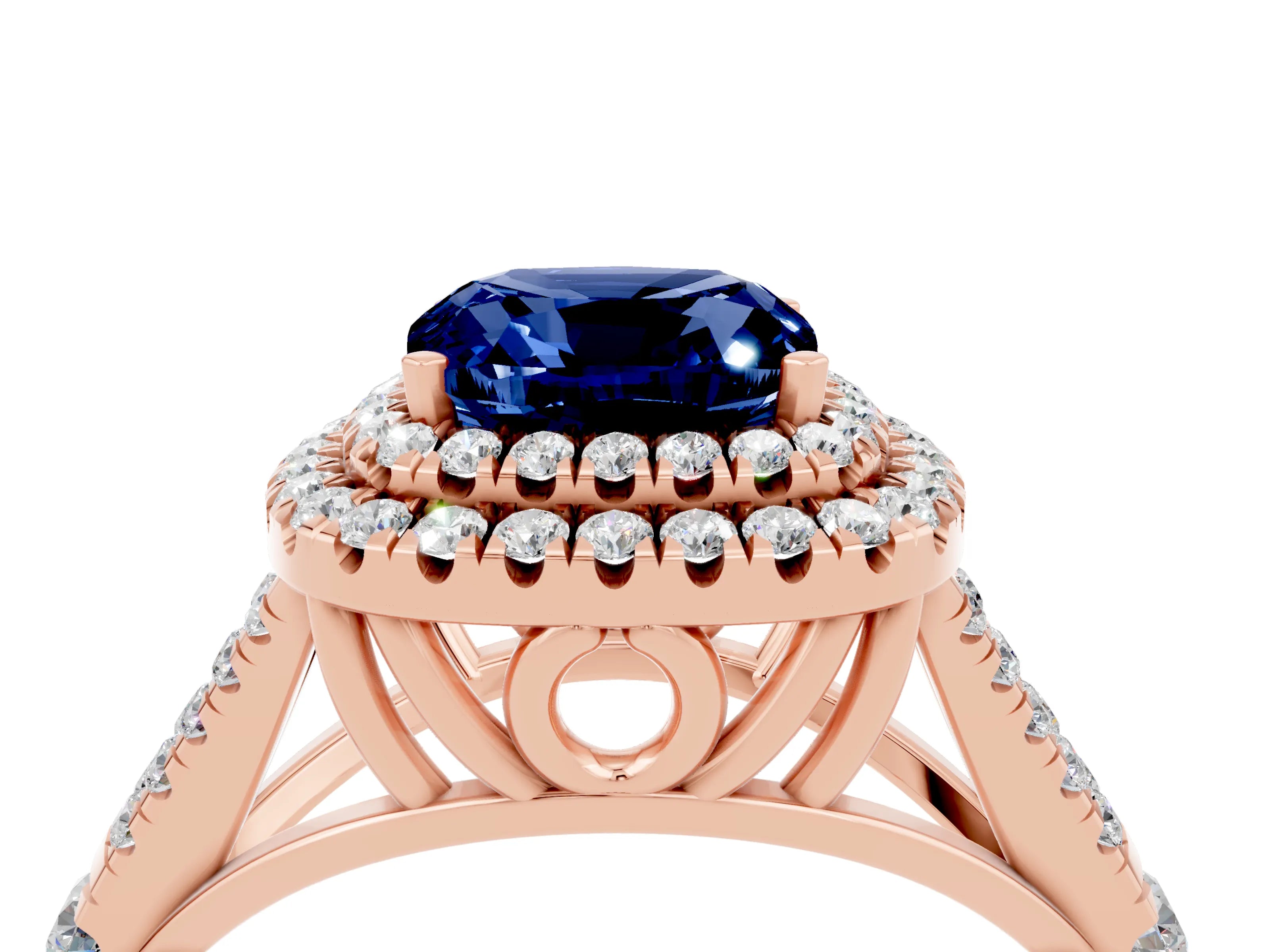 Rose gold Cushion Cut Blue Sapphire Double Halo Ring with Split Shank and Prong Setting_16
