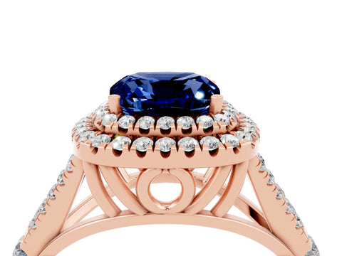 Rose gold Cushion Cut Blue Sapphire Double Halo Ring with Split Shank and Prong Setting_16