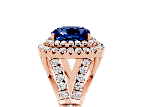 Rose gold Cushion Cut Blue Sapphire Double Halo Ring with Split Shank and Prong Setting_17